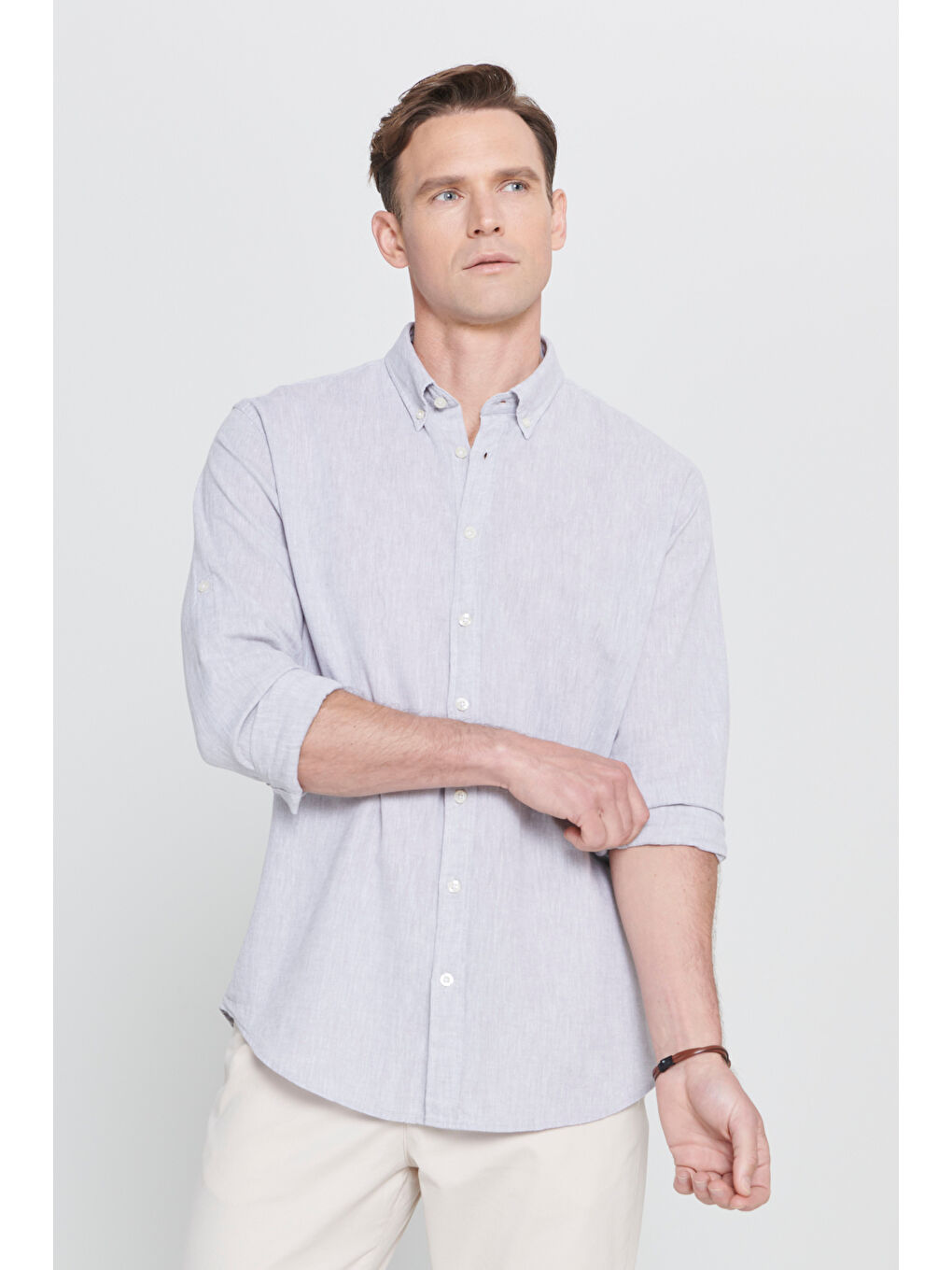 Erkek Gri Comfort Fit Rahat Kesim Düğmeli Yaka Casual Keten Gömlek