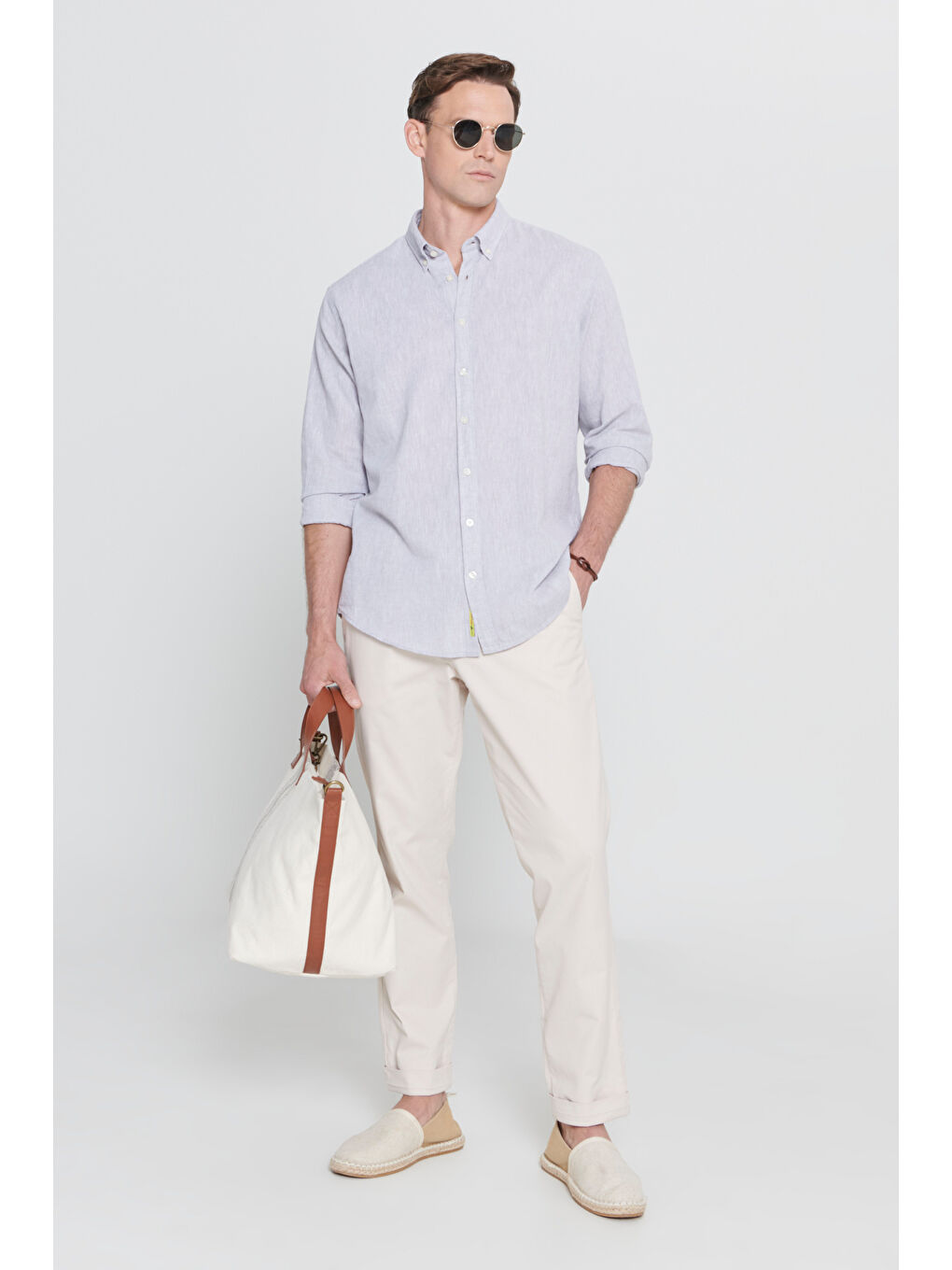 Erkek Gri Comfort Fit Rahat Kesim Düğmeli Yaka Casual Keten Gömlek-1