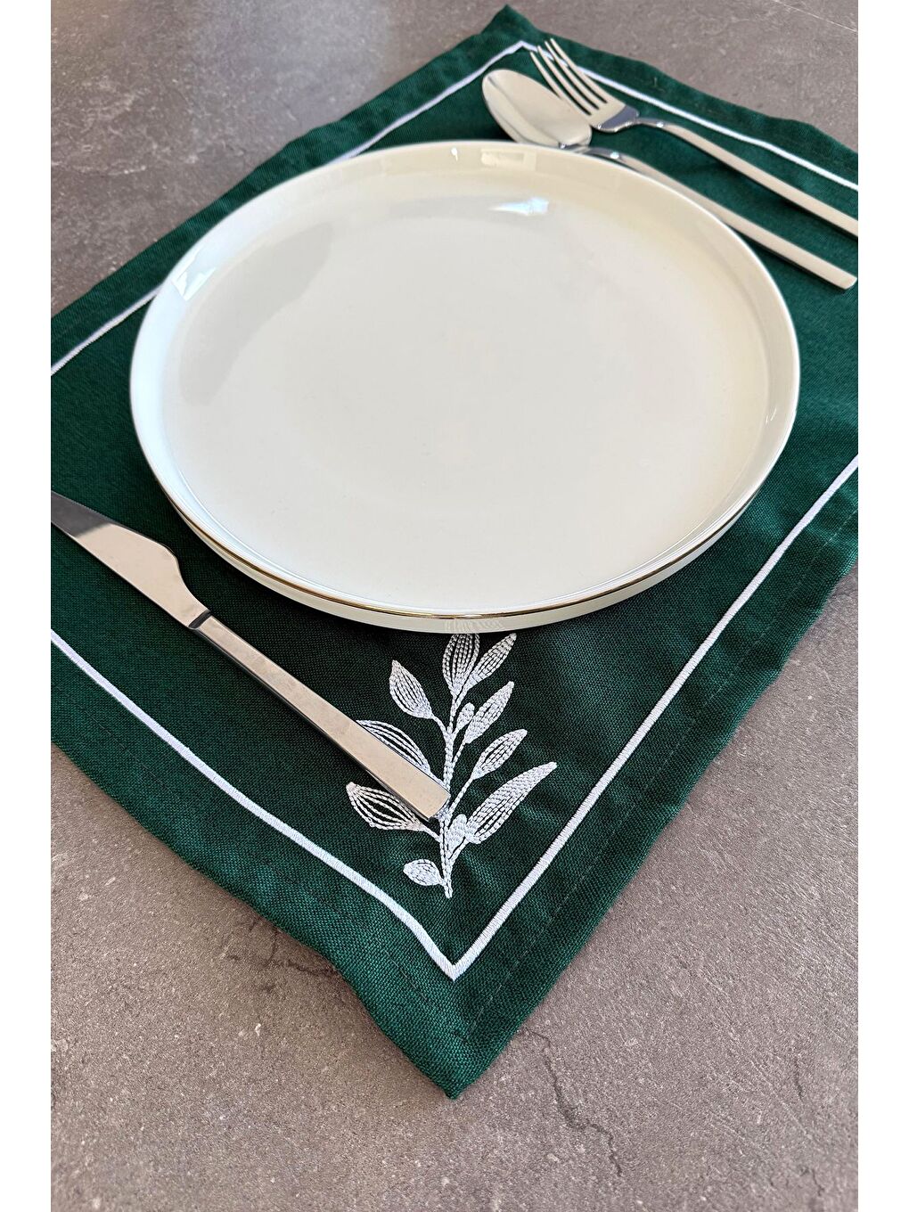 Kırmızı Liva Minimal Nakış Detaylı Çerçeveli 1 Adet Amerikan Servisi 45x35 cm - Yeşil-3