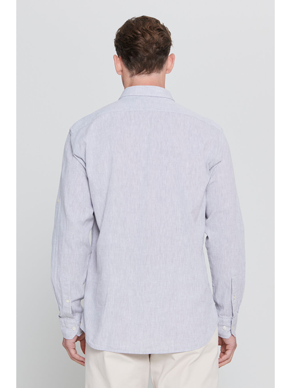 Erkek Gri Comfort Fit Rahat Kesim Düğmeli Yaka Casual Keten Gömlek-4