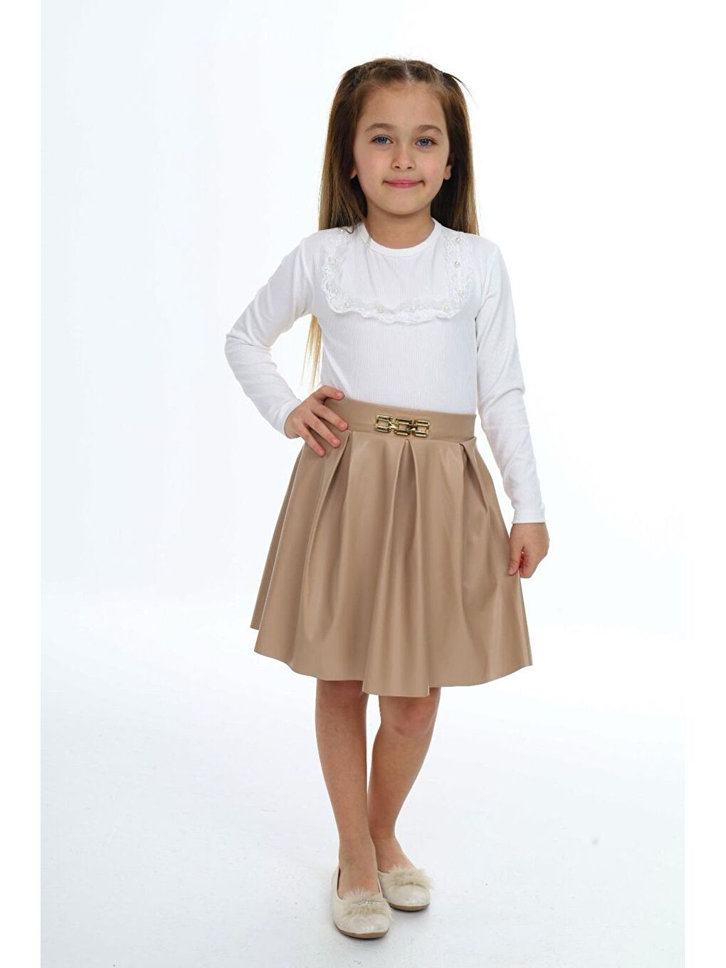 Beyaz Deri Etek Kombini Kız Çocuk Takımı