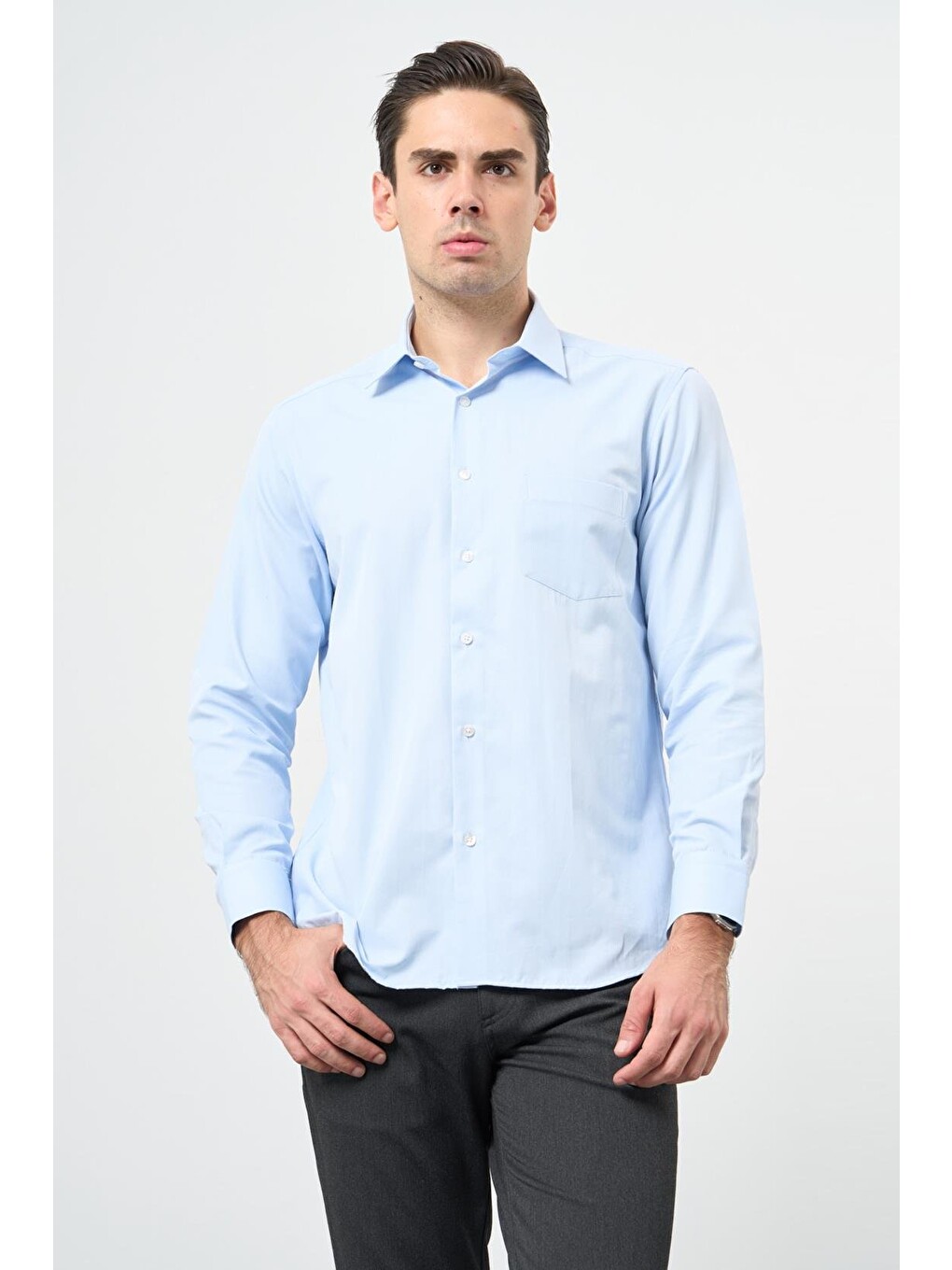 Koyu Mavi Uzun Kol Düz Sert Yaka Pamuklu Classic Comfort Fit Gömlek 1004245269