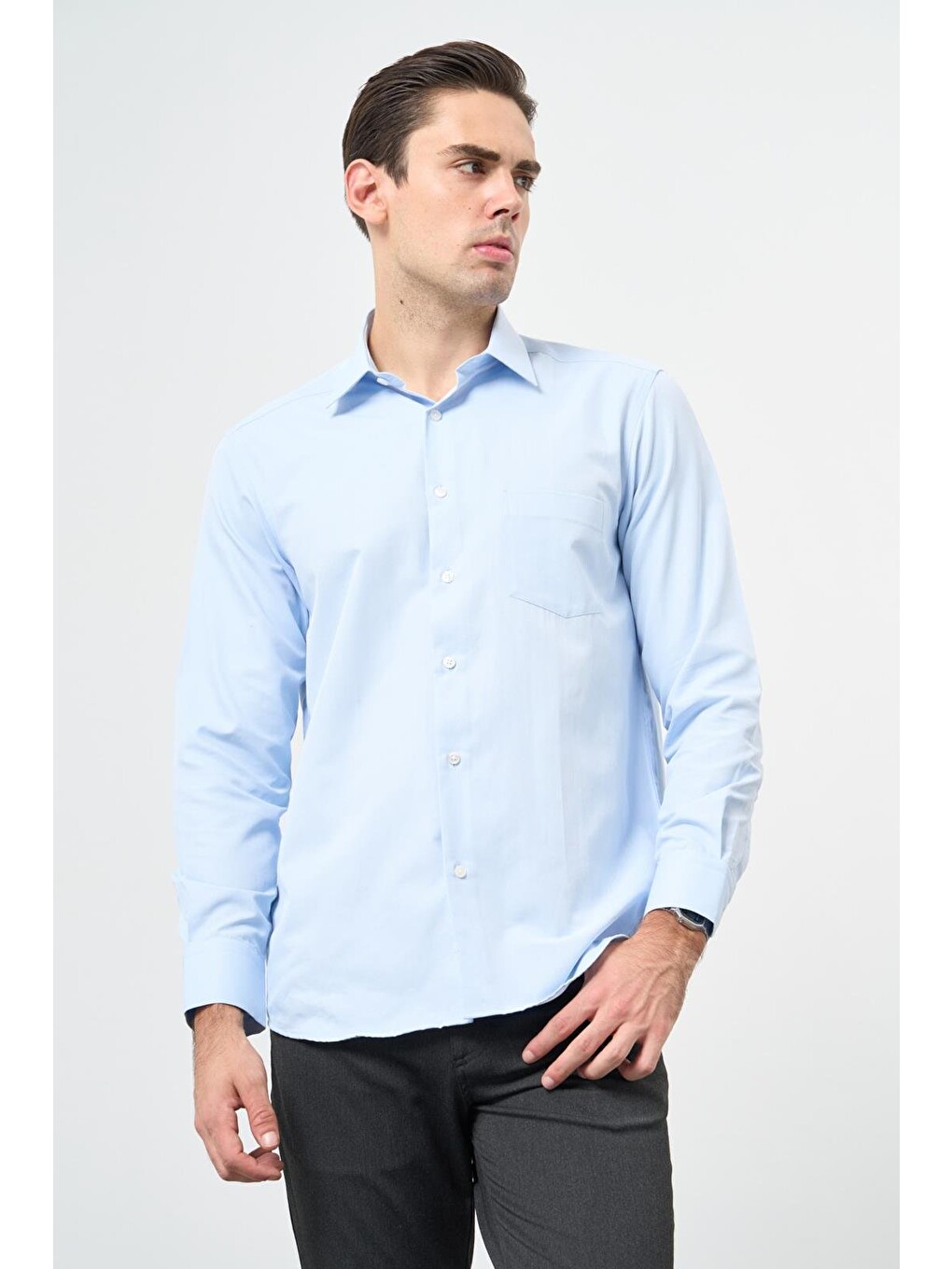 Koyu Mavi Uzun Kol Düz Sert Yaka Pamuklu Classic Comfort Fit Gömlek 1004245269-2