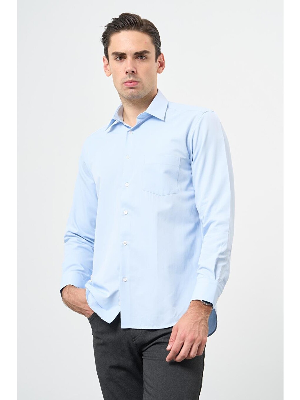 Koyu Mavi Uzun Kol Düz Sert Yaka Pamuklu Classic Comfort Fit Gömlek 1004245269-3