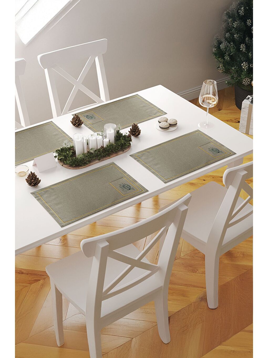 Verda Nakışlı Cepli Minimal Yaprak Desenli 1 Adet Amerikan Servis 45x35 cm -Yeşil