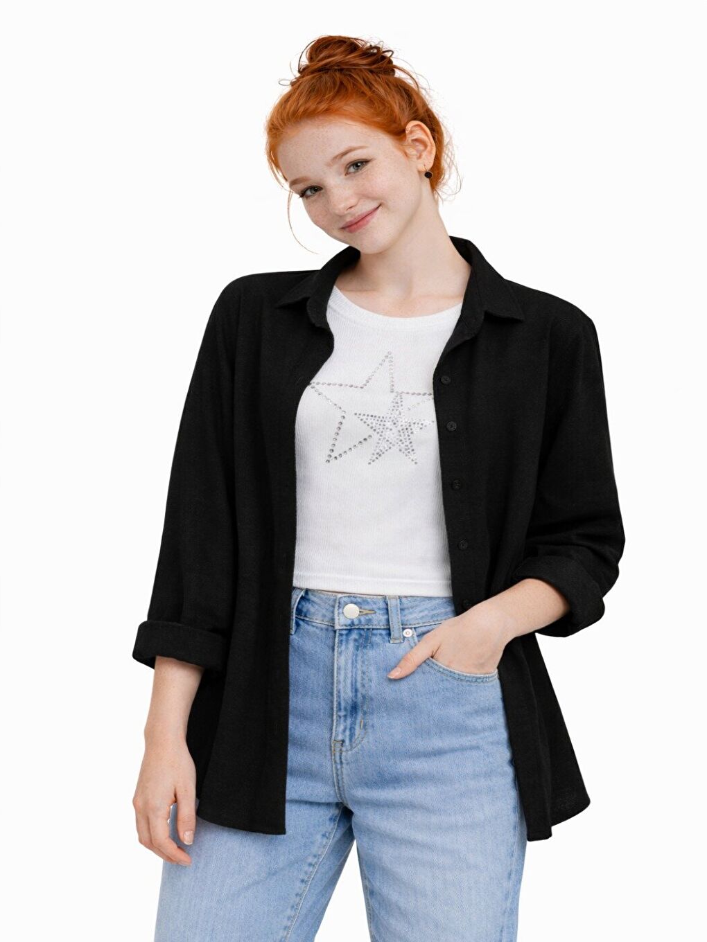 Siyah Kız Çocuk Sofia Keten Badili Basic Gömlek Takım Ak2605