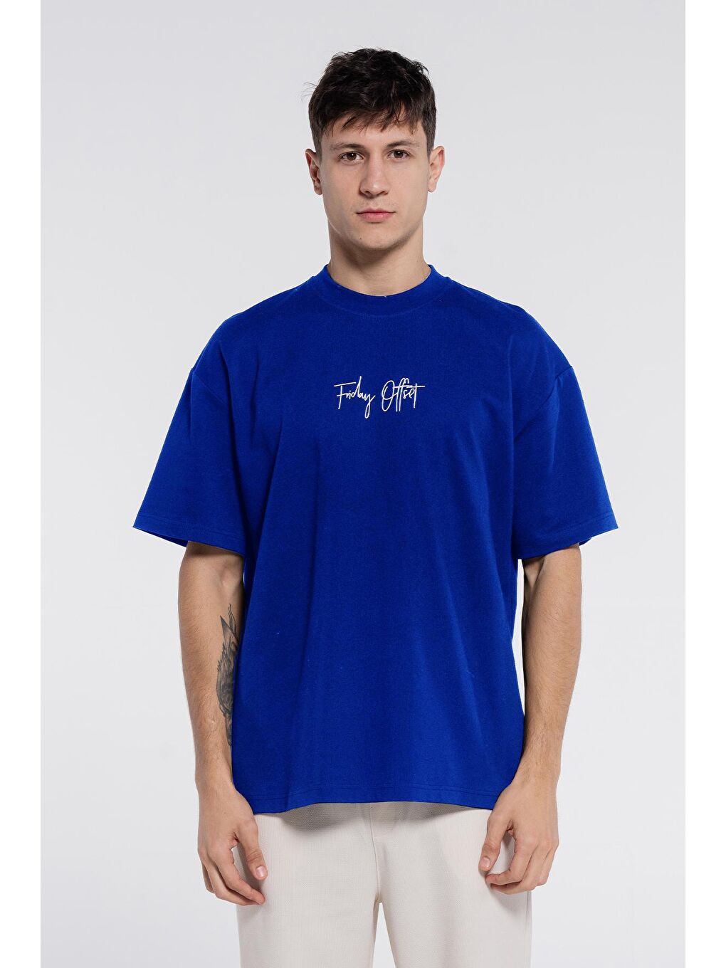 Mavi Saks Erkek %100 Pamuk Ekstra Oversize Bisiklet Yaka Tişört