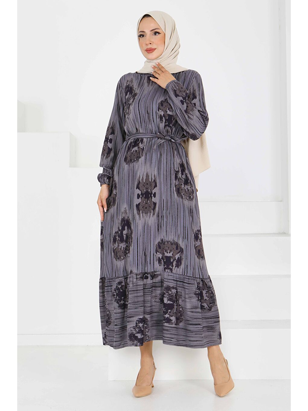 Desenli Kuşaklı Elbise Gri - 27558