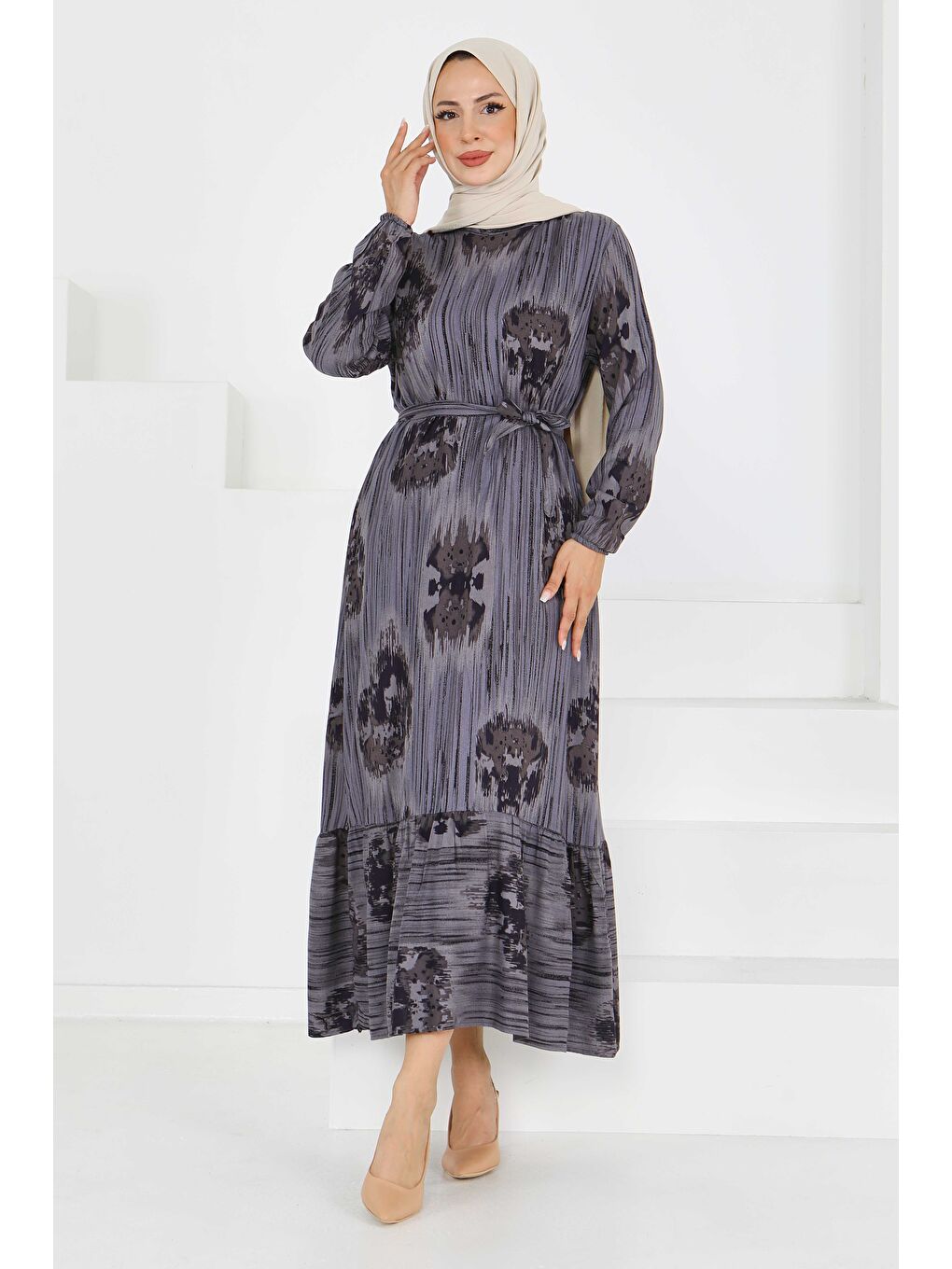 Desenli Kuşaklı Elbise Gri - 27558-1