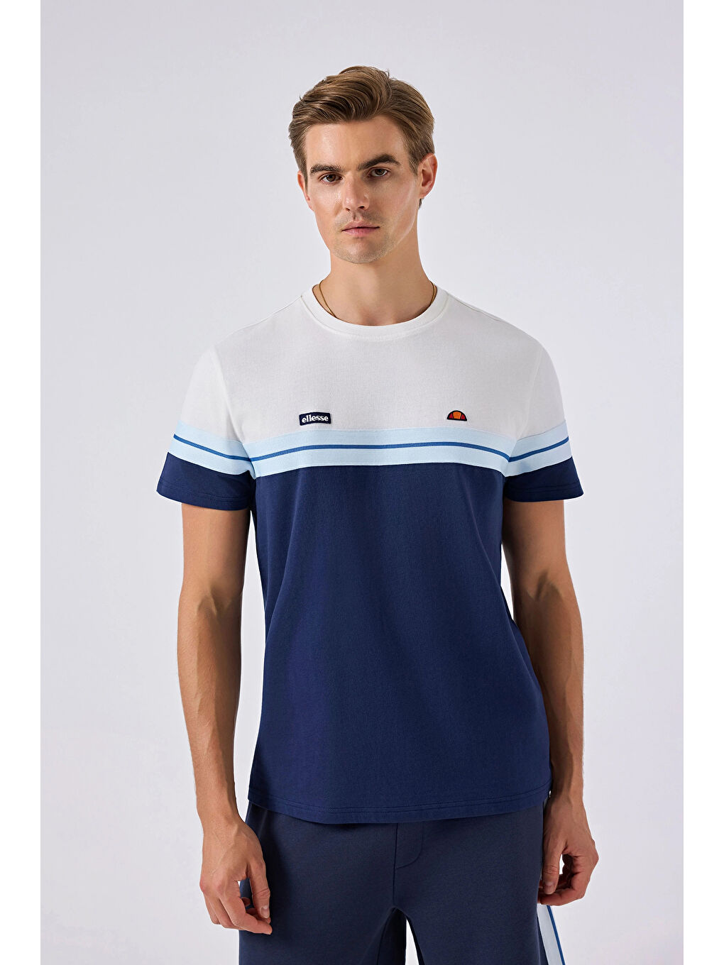 Lacivert %100 Pamuk Bisiklet Yaka Logolu Renk Bloklu T Shirt 6SM5014-NV