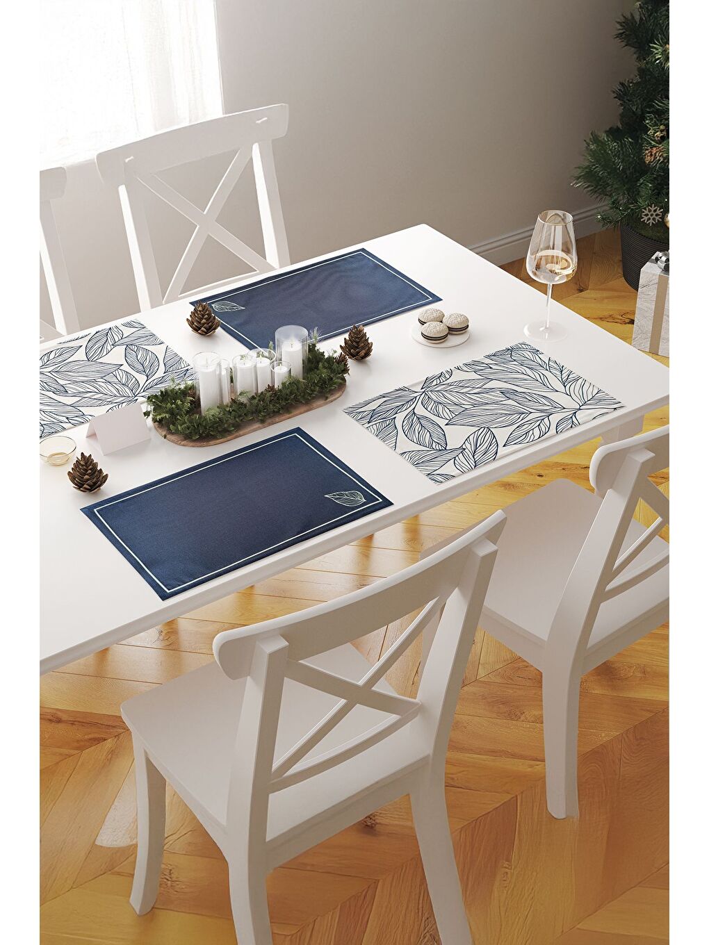 Vireo Yaprak Desen 1 Adet Amerikan Servis - Mavi/Beyaz 45x35