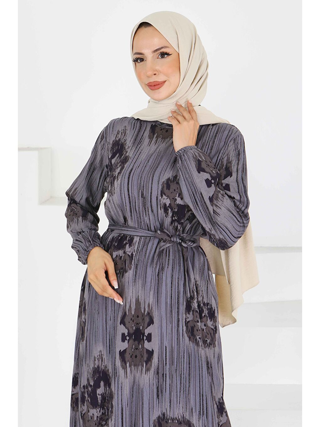 Desenli Kuşaklı Elbise Gri - 27558-2