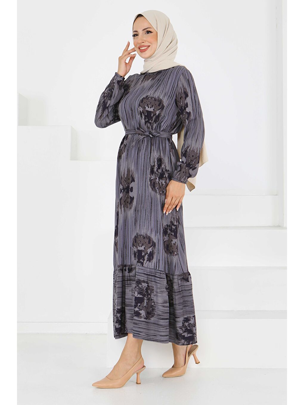 Desenli Kuşaklı Elbise Gri - 27558-3