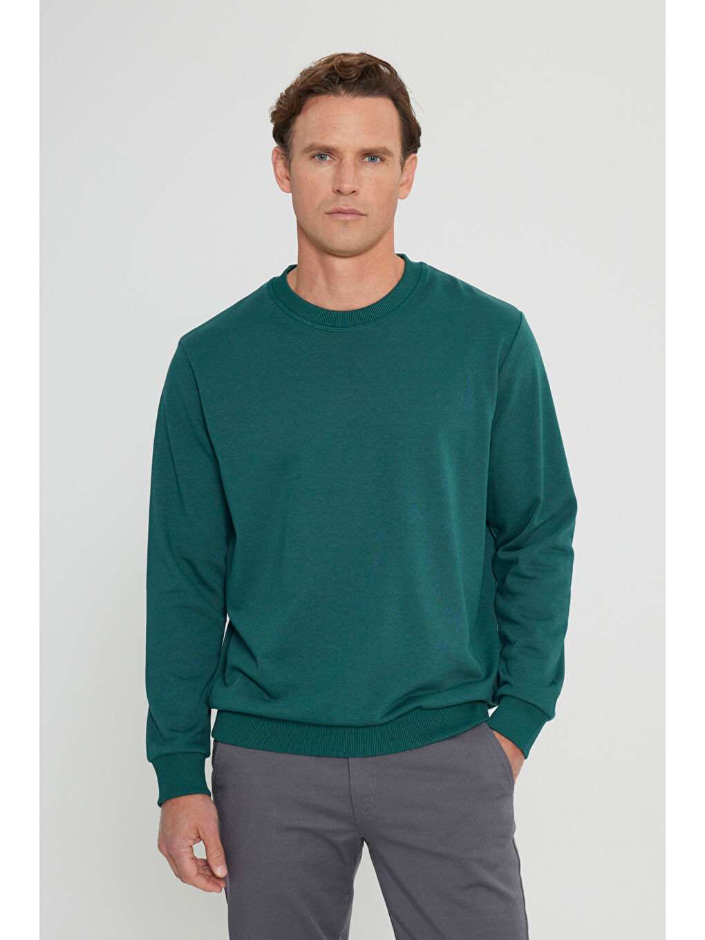 Erkek Koyu Yeşil Standart Fit Normal Kesim Bisiklet Yaka Pamuklu Sweatshirt