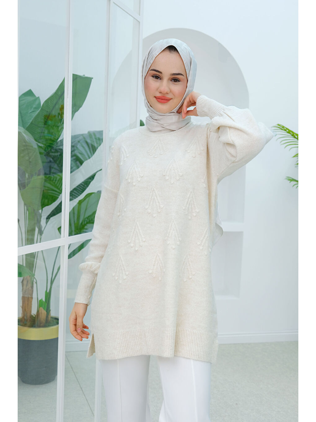 Kendinden Desenli Triko Kazak Ekru-1