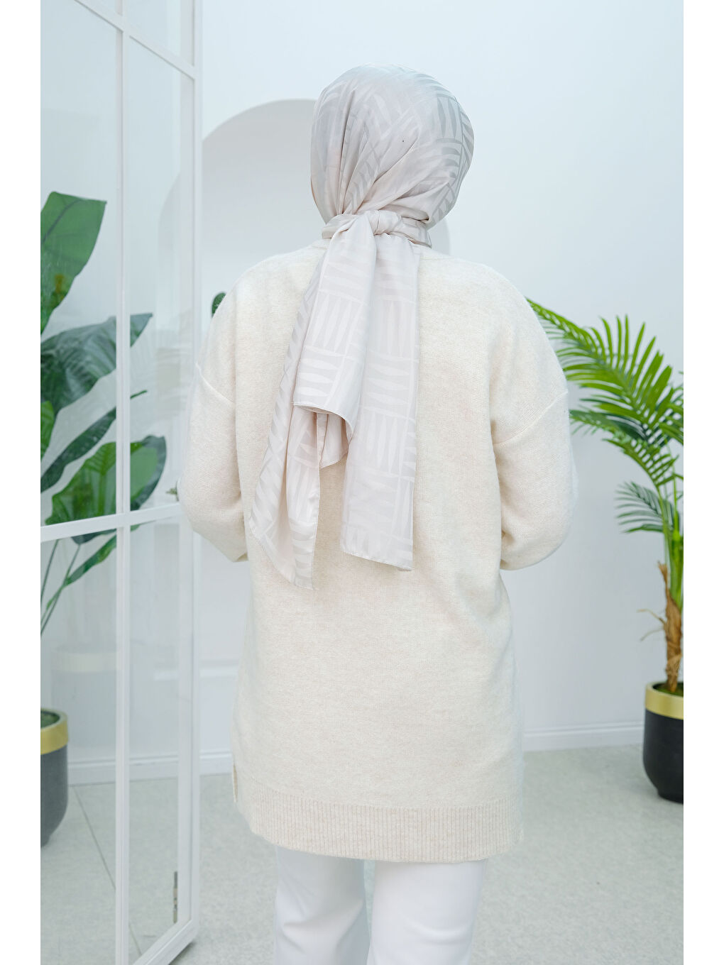 Kendinden Desenli Triko Kazak Ekru-2