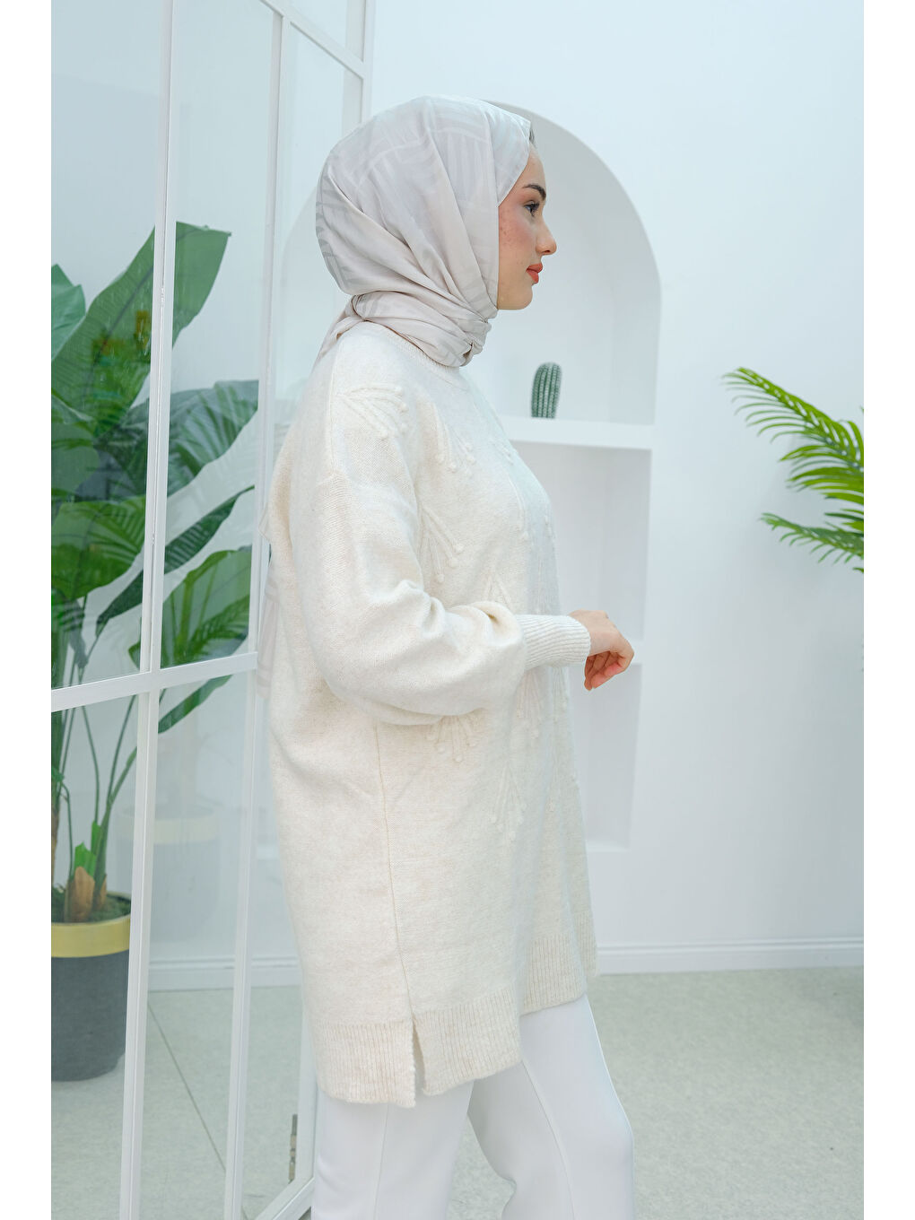 Kendinden Desenli Triko Kazak Ekru-3