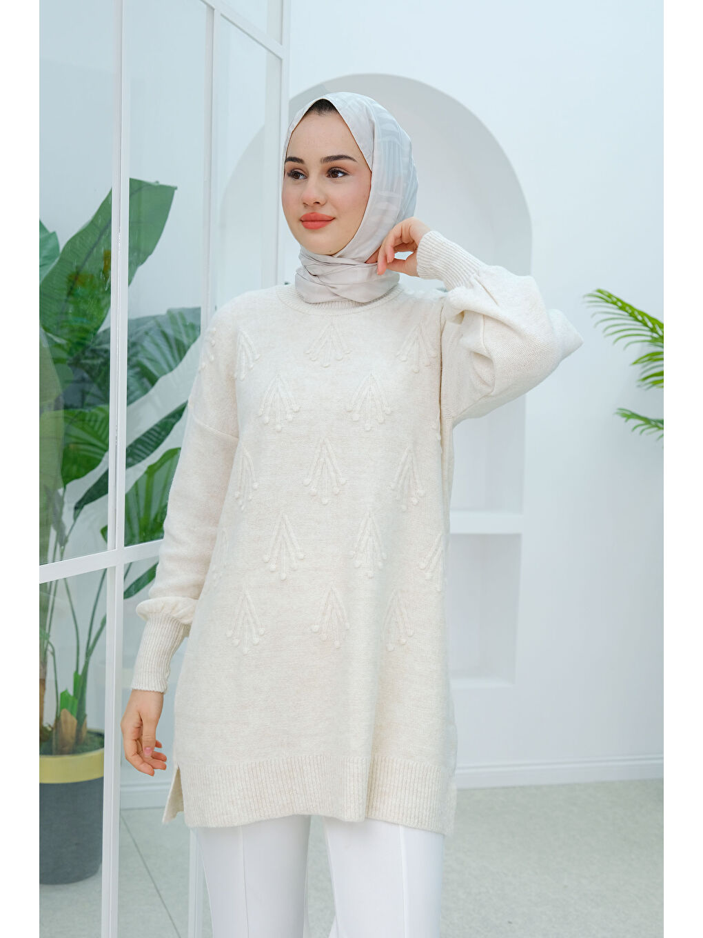 Kendinden Desenli Triko Kazak Ekru-4