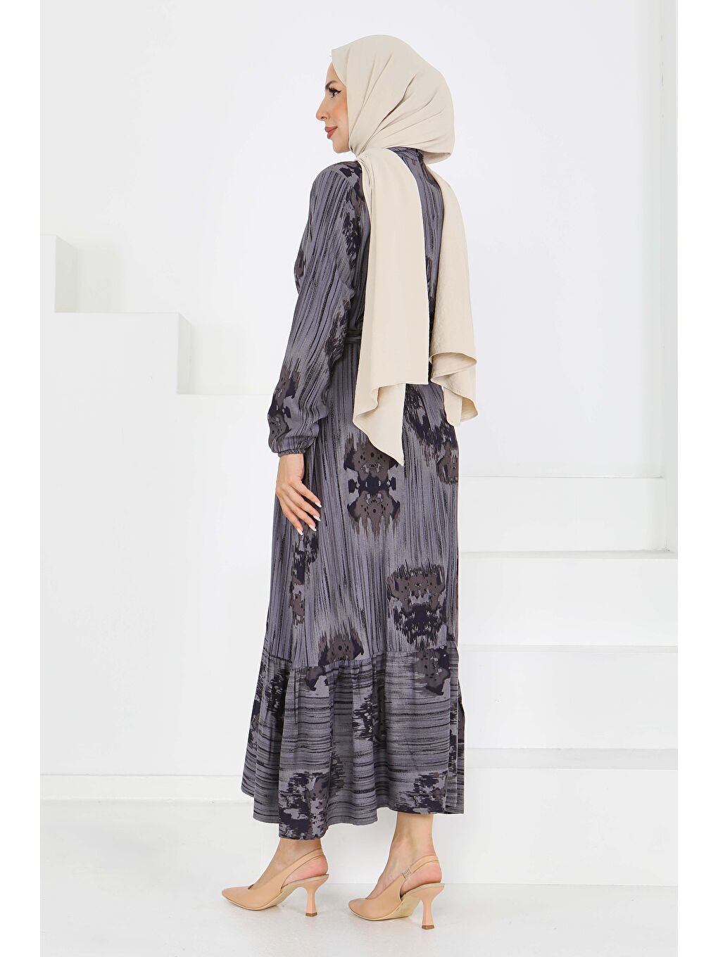 Desenli Kuşaklı Elbise Gri - 27558-4