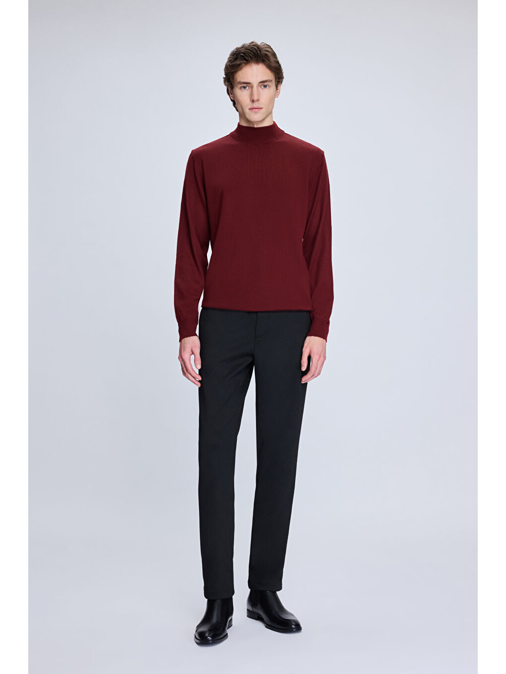 Kahverengi Kiremit Regular Fit Yarım Balıkçı Yaka Yünlü Triko Kazak-1