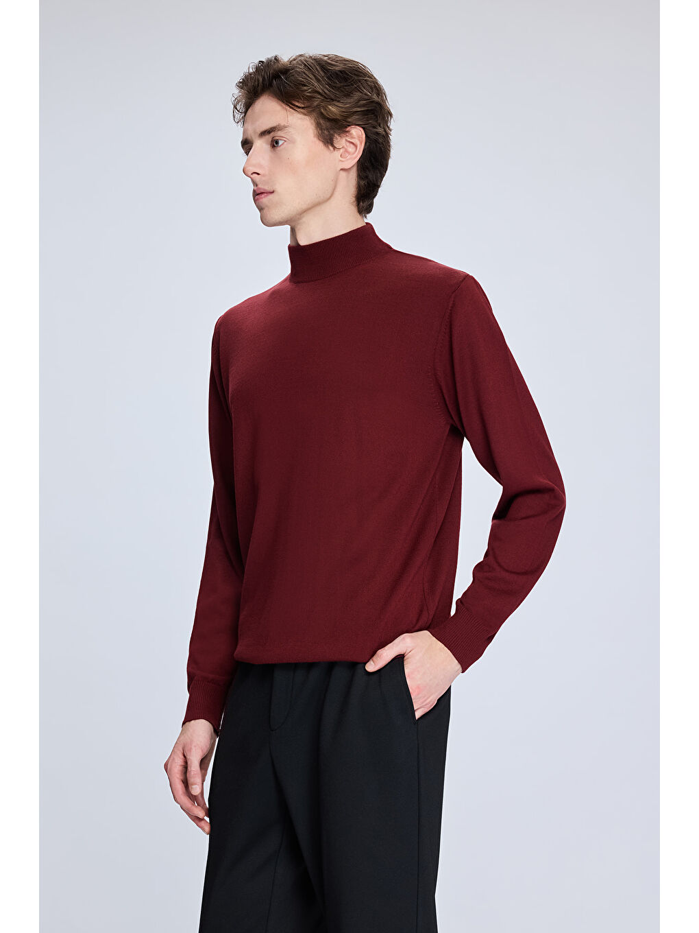 Kahverengi Kiremit Regular Fit Yarım Balıkçı Yaka Yünlü Triko Kazak-2