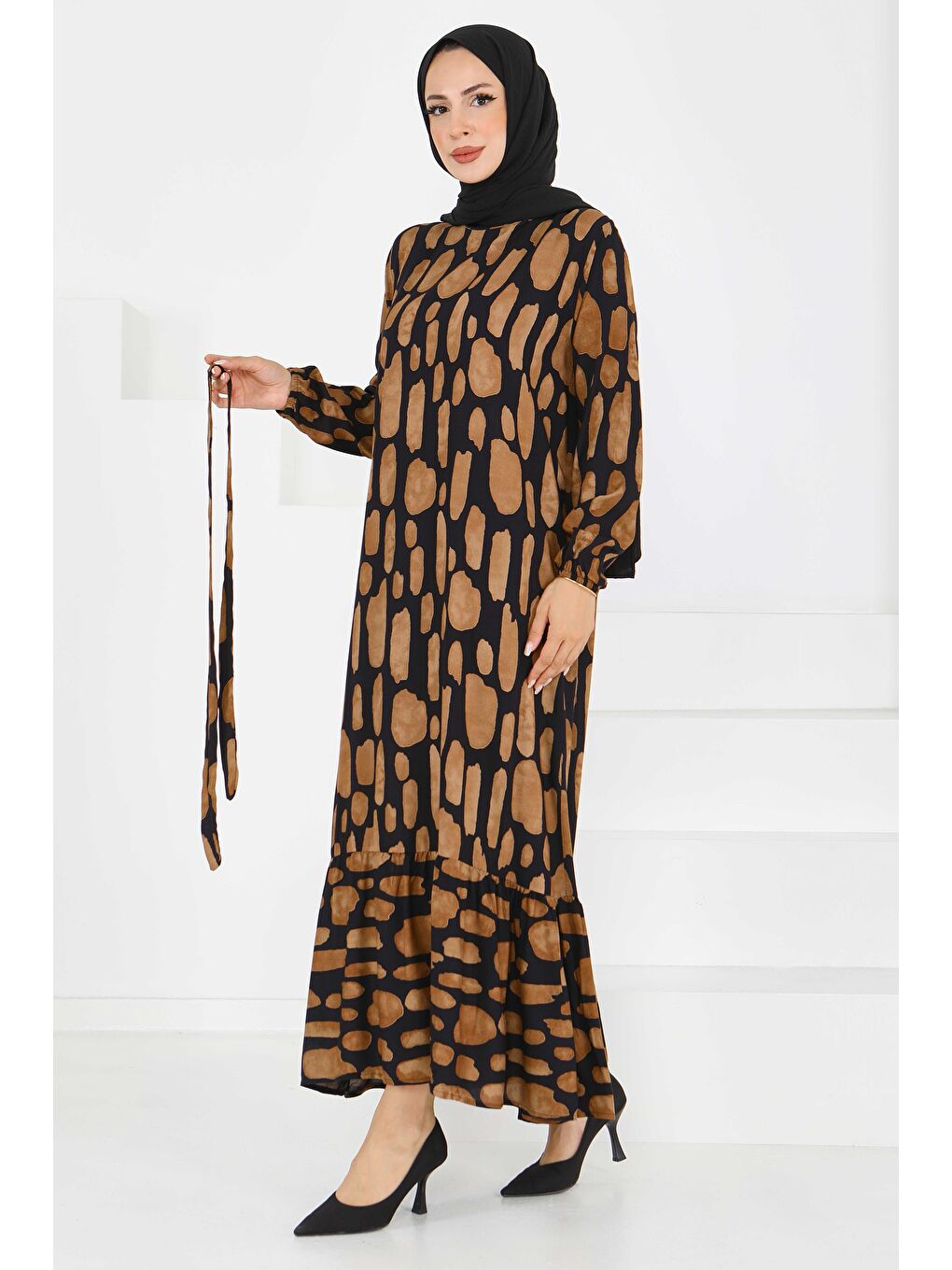 Kahverengi Desenli Kuşaklı Elbise Taba - 27519-1