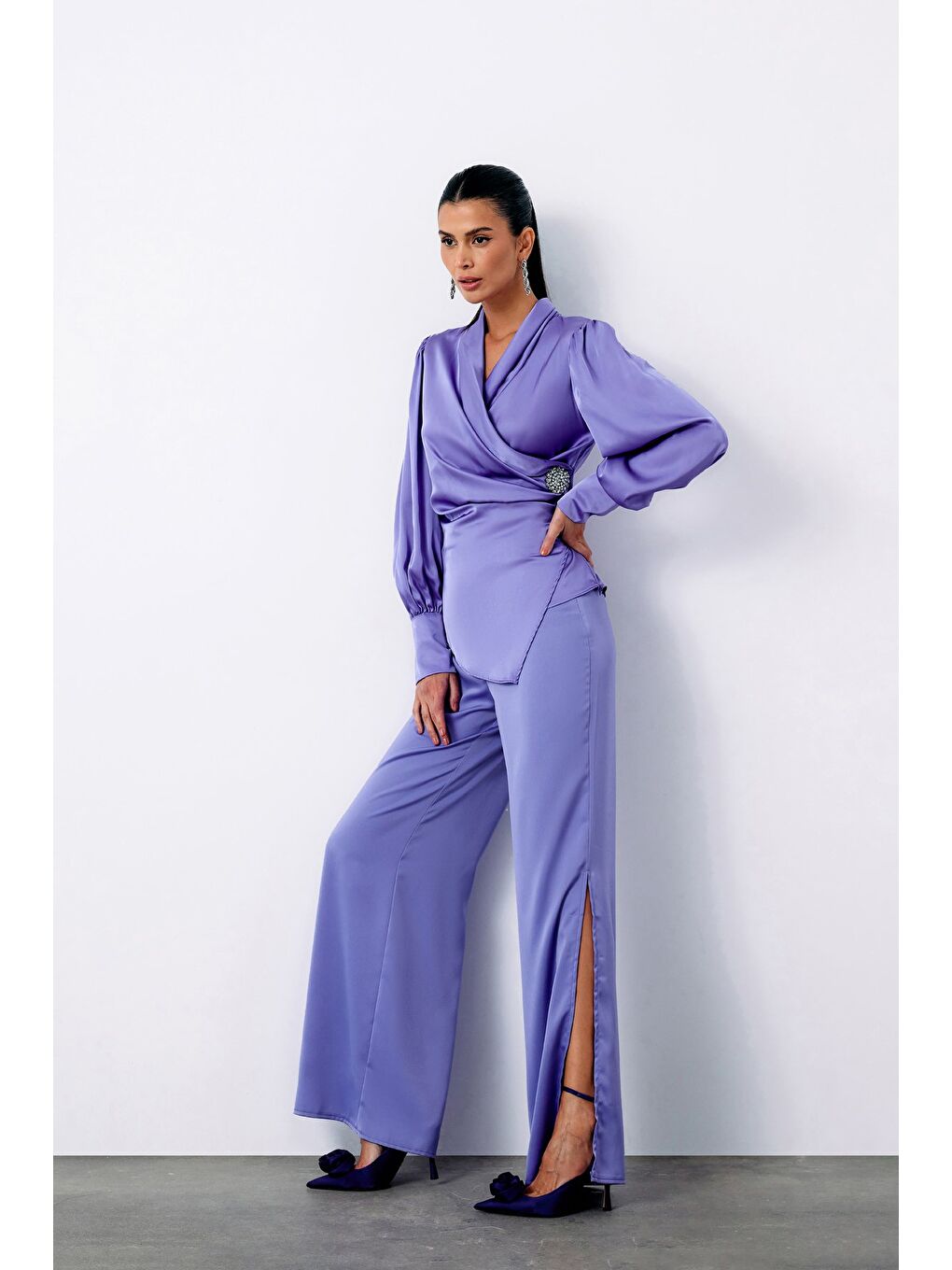 Broşlu Kruvaze Bluz - Lila-3