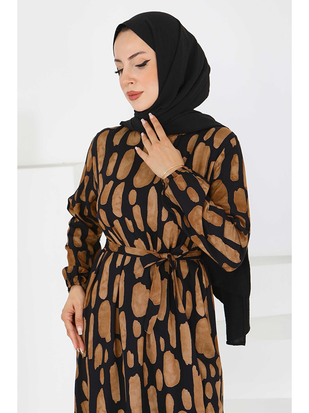 Kahverengi Desenli Kuşaklı Elbise Taba - 27519-2