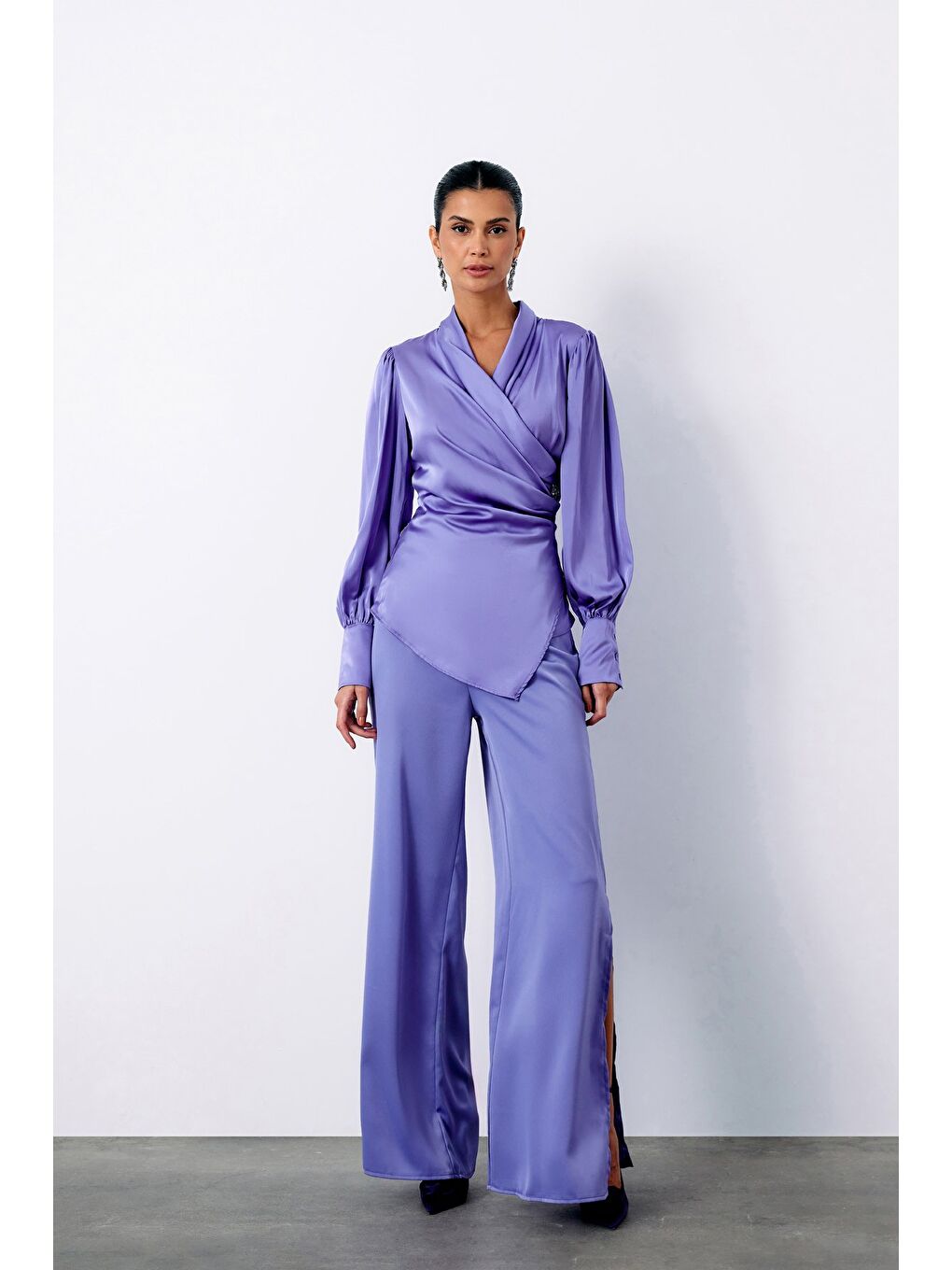 Broşlu Kruvaze Bluz - Lila-4