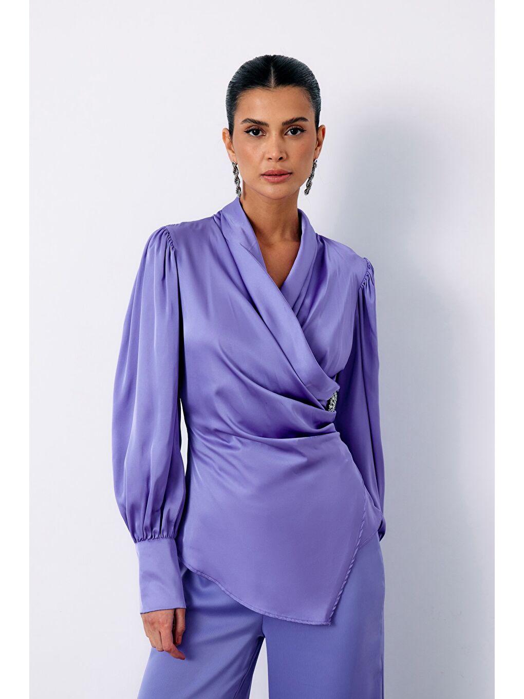 Broşlu Kruvaze Bluz - Lila-5