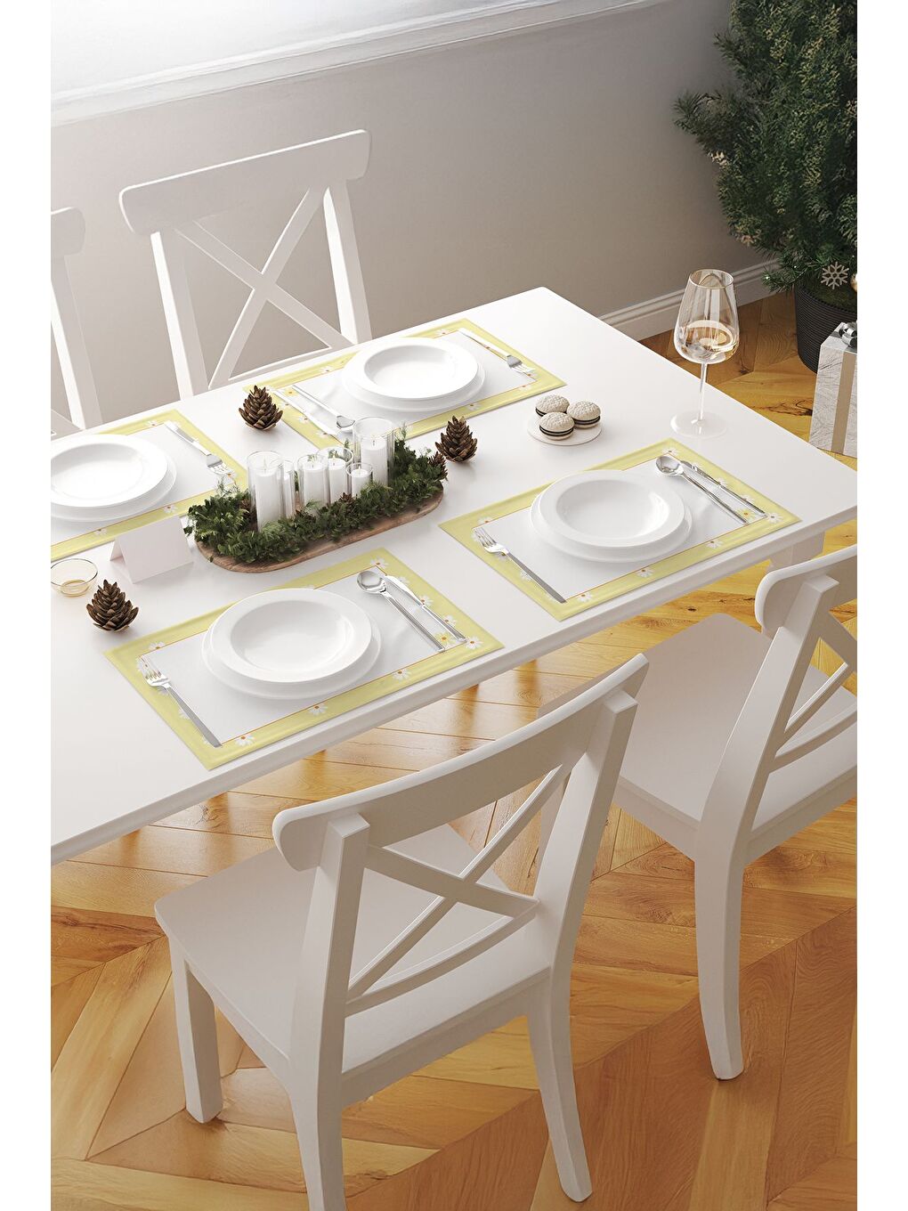 Beyaz Daisy Papatya Desenli Sarı 1 Adet Amerikan Servis – Turuncu Orta Detaylı – 45x35 cm