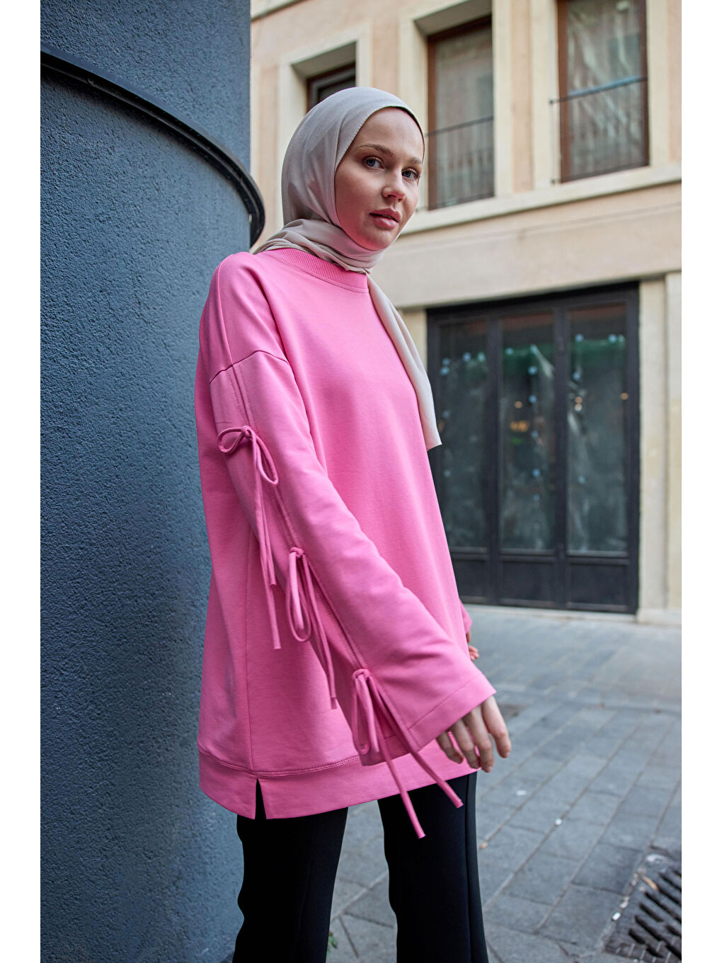 Kolu Bağcık Detaylı Tunik Pembe-3