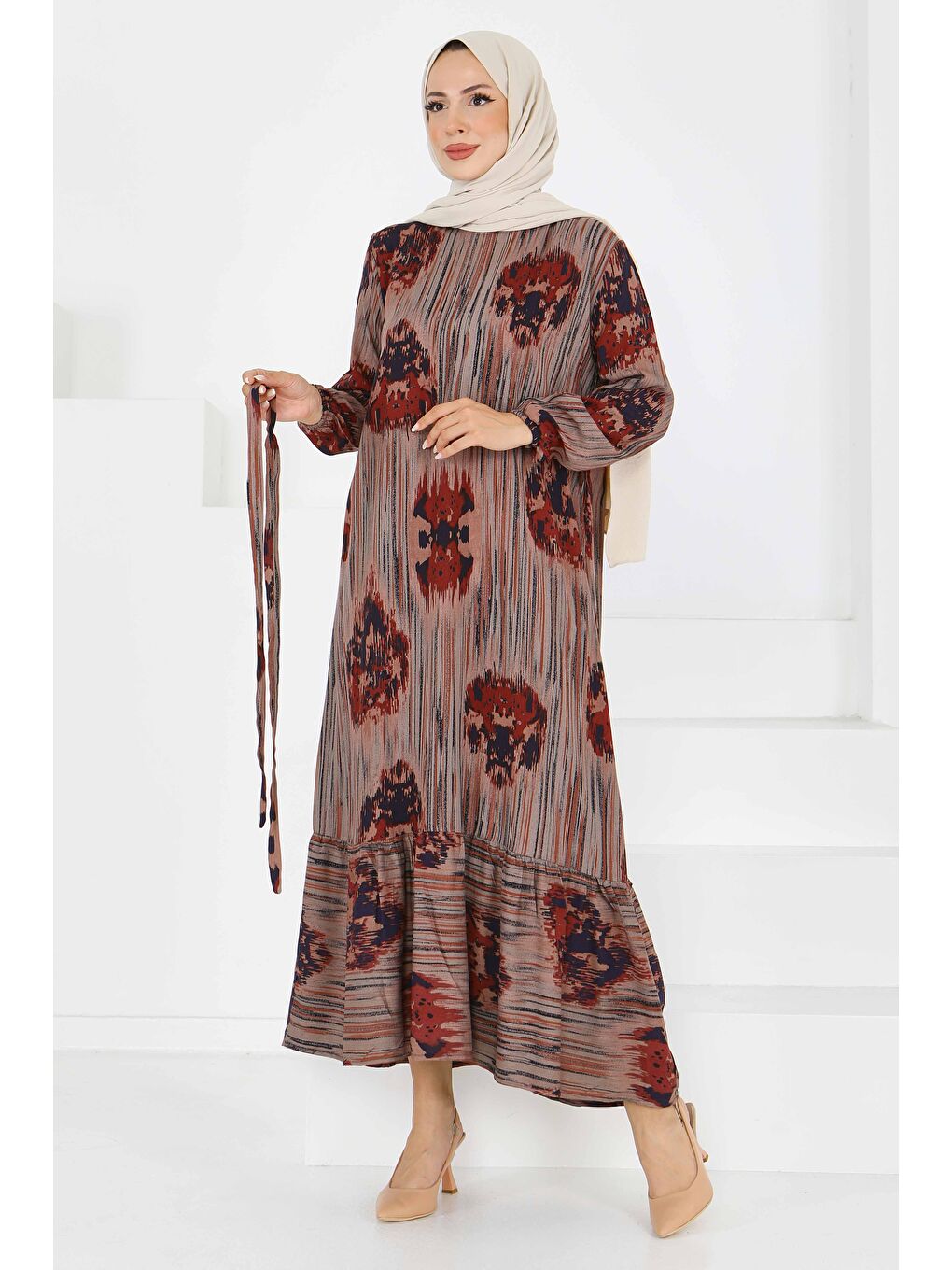 Kahverengi Desenli Kuşaklı Elbise Kiremit - 27558-1