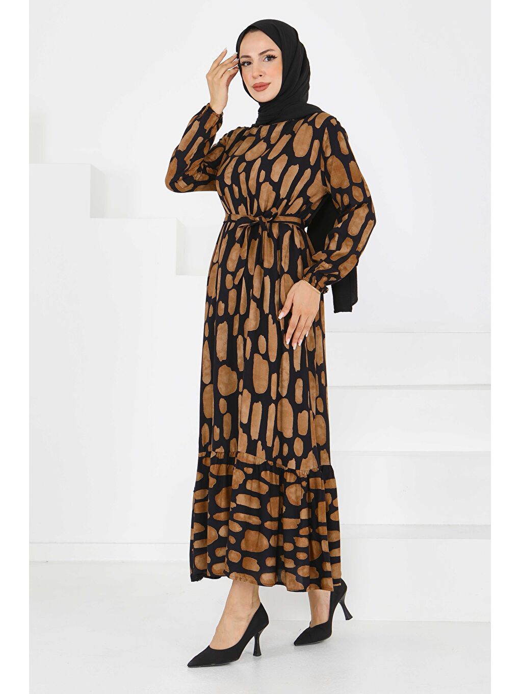 Kahverengi Desenli Kuşaklı Elbise Taba - 27519-3