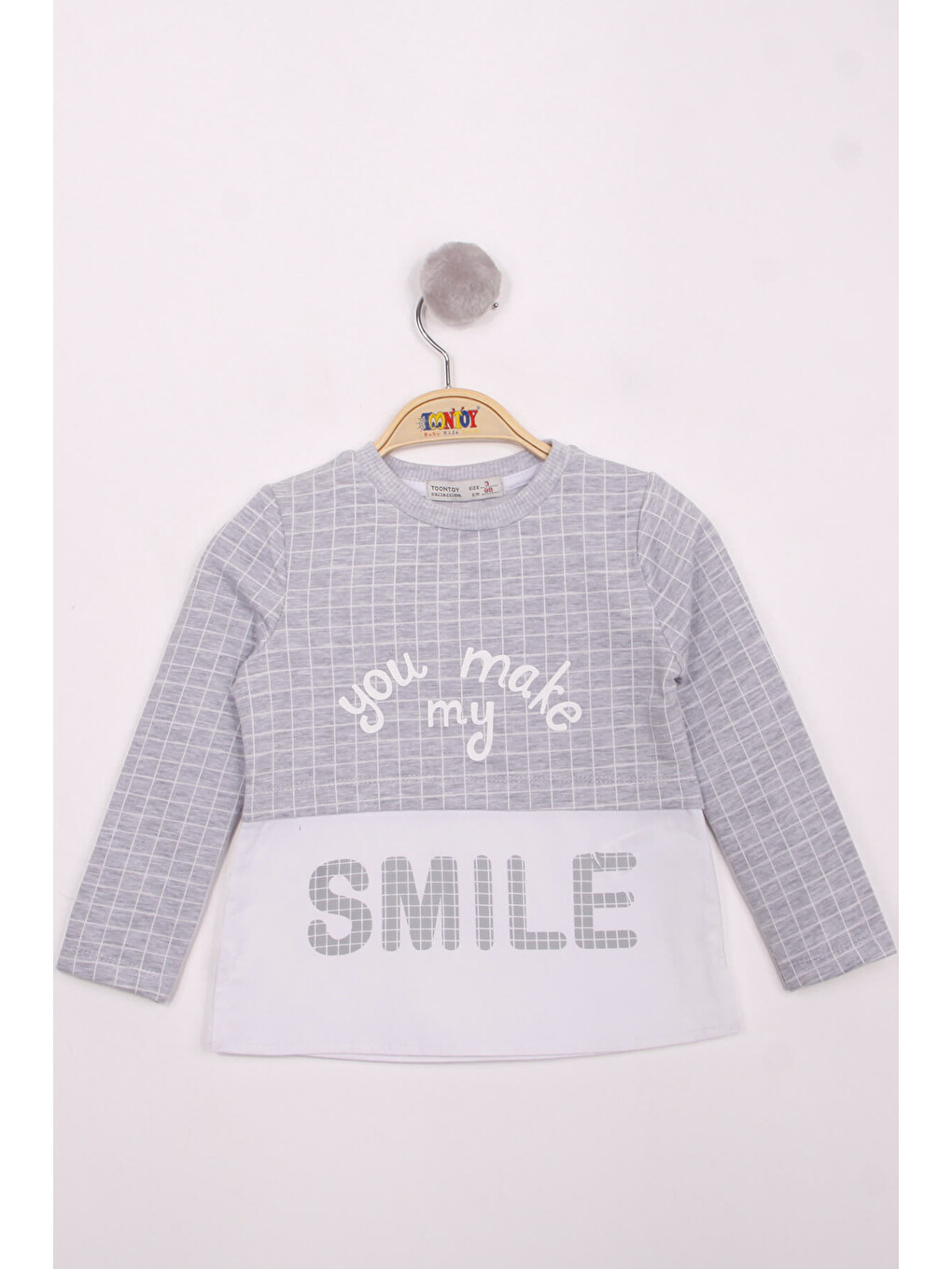 Gri Kız Çocuk Kareli Kumaşlı Smile Baskılı T-Shirt