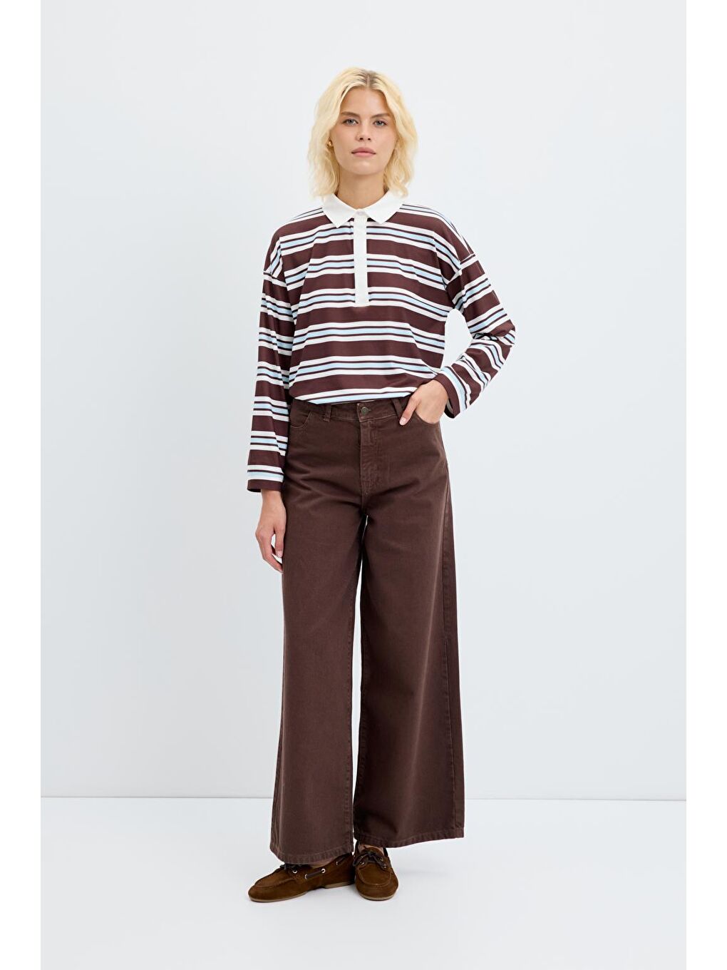 Kahverengi Yüksek Bel Geniş Paça Gabardin Pantolon Kahve-6