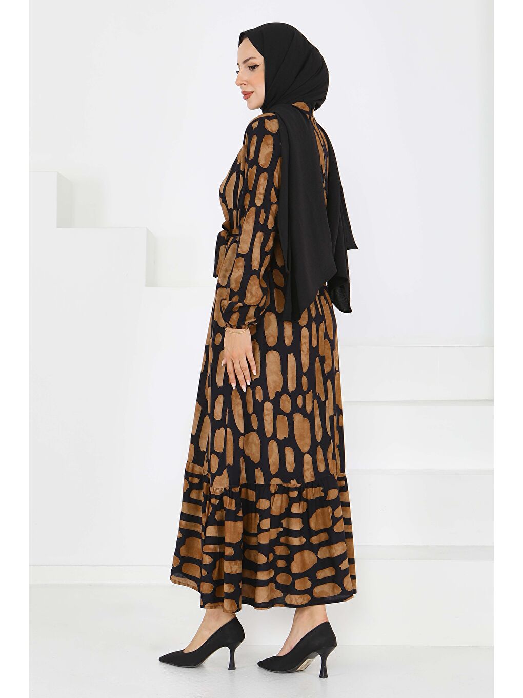 Kahverengi Desenli Kuşaklı Elbise Taba - 27519-4