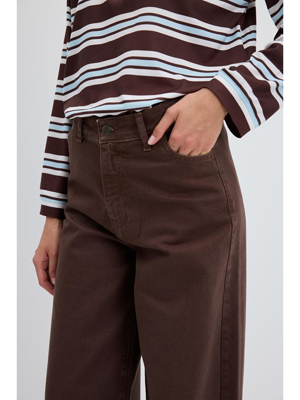 Kahverengi Yüksek Bel Geniş Paça Gabardin Pantolon Kahve-7