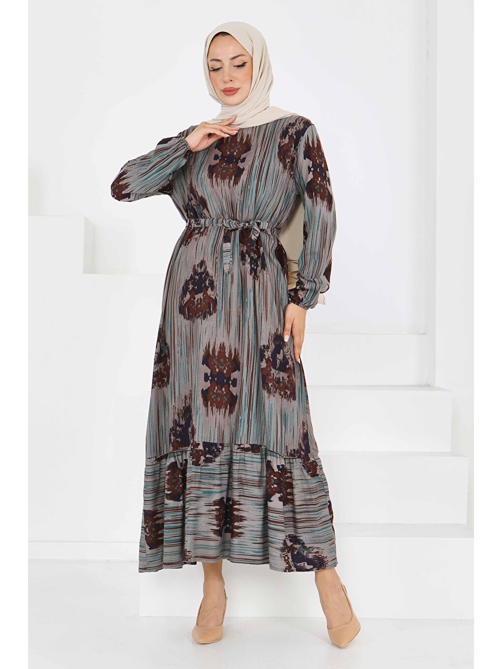 Yeşil Desenli Kuşaklı Elbise Yesil - 27558-1