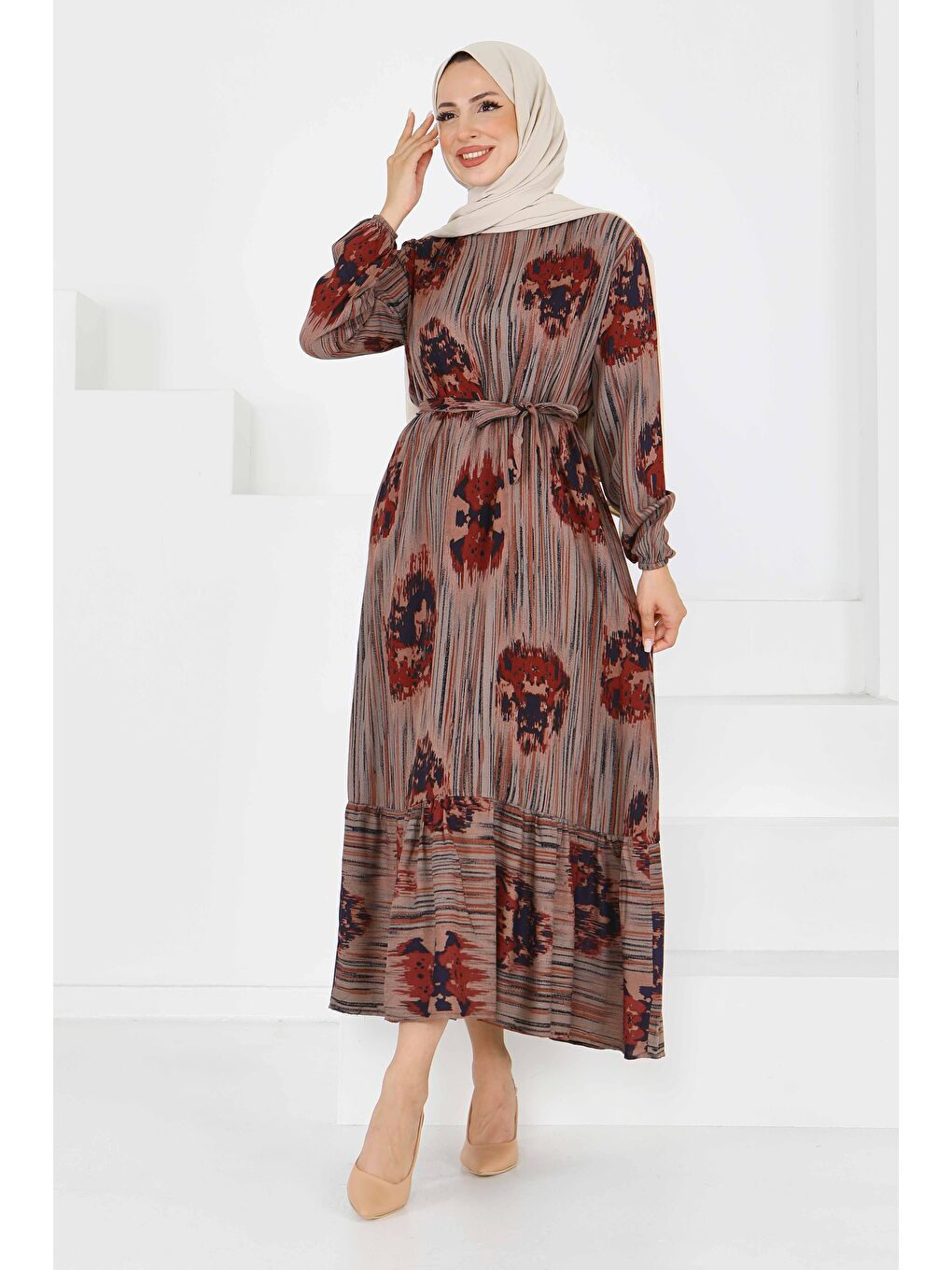 Kahverengi Desenli Kuşaklı Elbise Kiremit - 27558-2