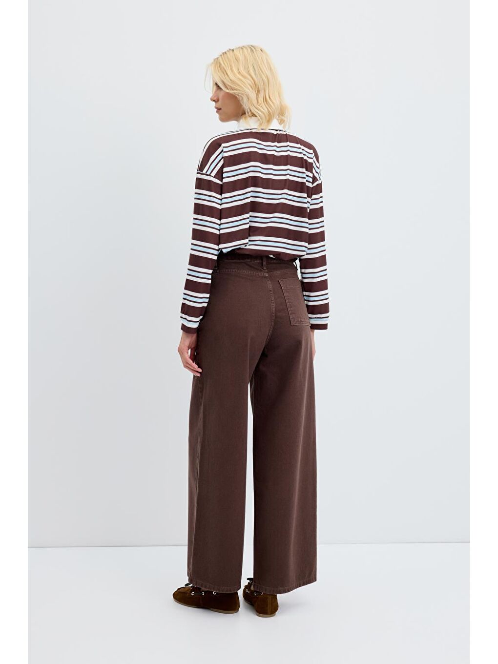 Kahverengi Yüksek Bel Geniş Paça Gabardin Pantolon Kahve-8