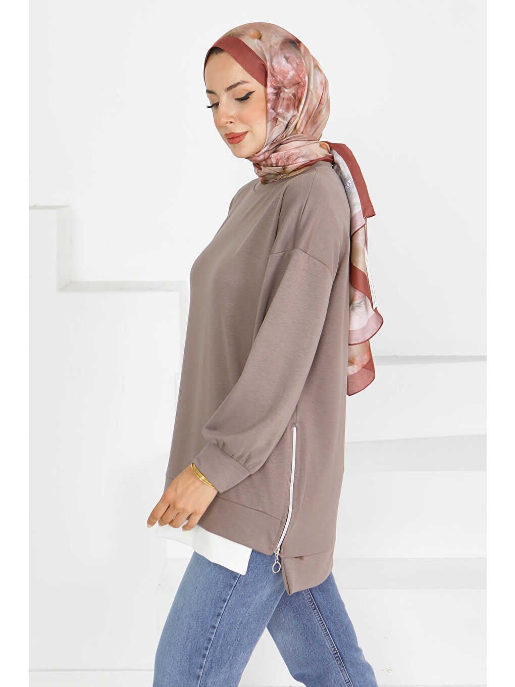 Bej Garnili Fermuarlı İki İplik sweatshirt Vizon - 27610