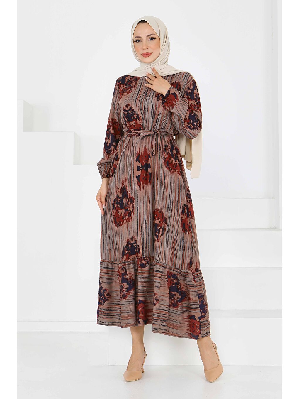 Kahverengi Desenli Kuşaklı Elbise Kiremit - 27558-3