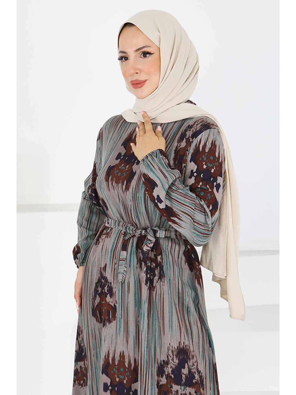 Yeşil Desenli Kuşaklı Elbise Yesil - 27558-2