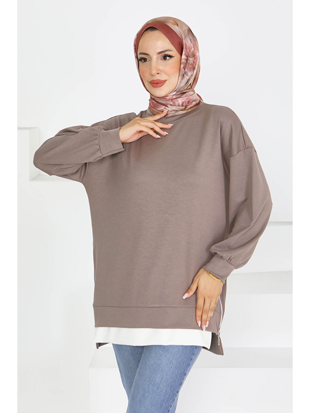 Bej Garnili Fermuarlı İki İplik sweatshirt Vizon - 27610-1