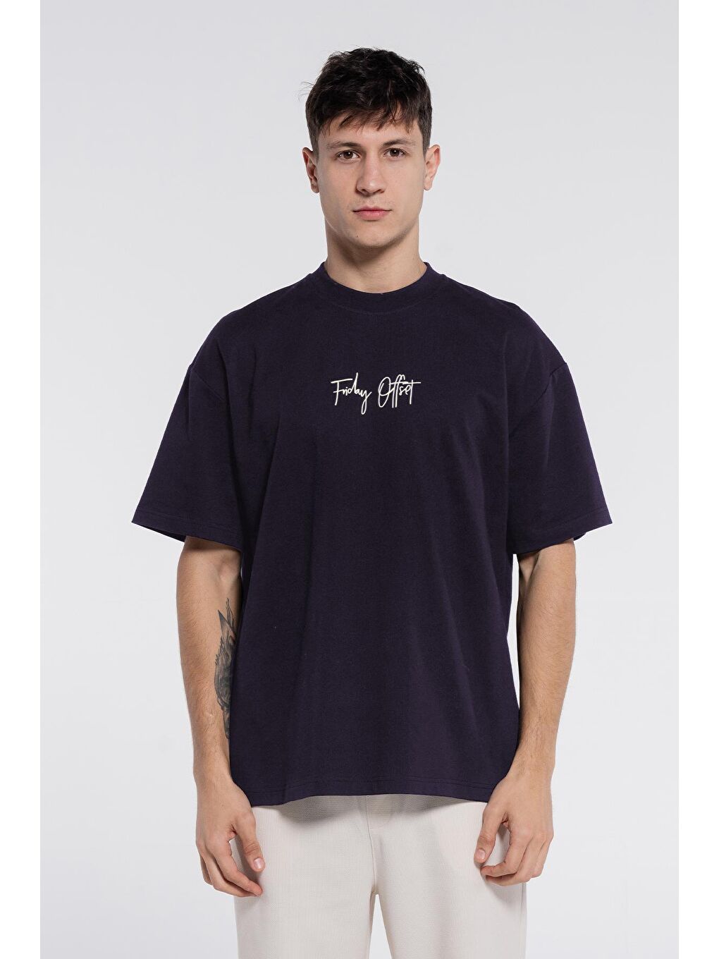 Mavi Dark Blue Erkek %100 Pamuk Ekstra Oversize Bisiklet Yaka Tişört