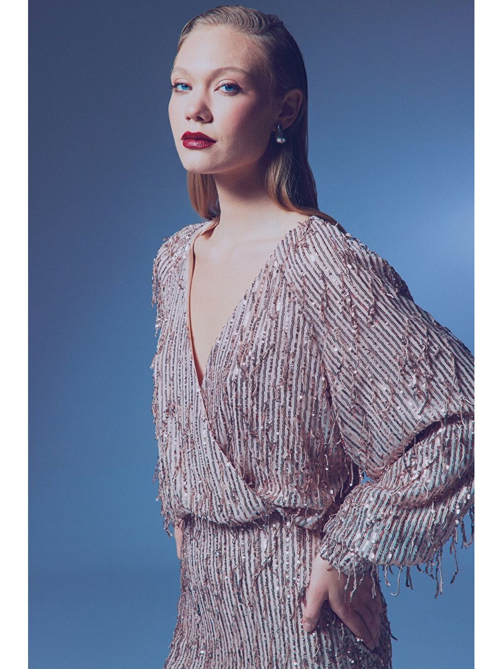 Turuncu Kruvaze Payetli Bodysuit Bluz - Bakır-1