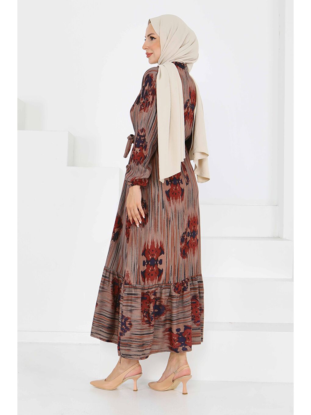 Kahverengi Desenli Kuşaklı Elbise Kiremit - 27558-4