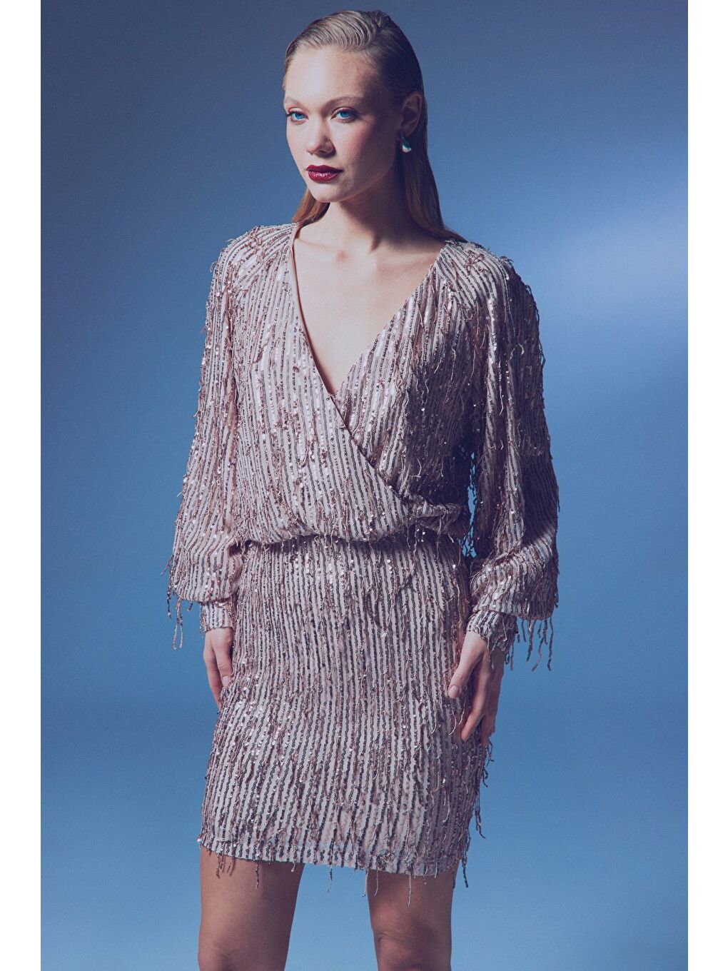 Turuncu Kruvaze Payetli Bodysuit Bluz - Bakır-3