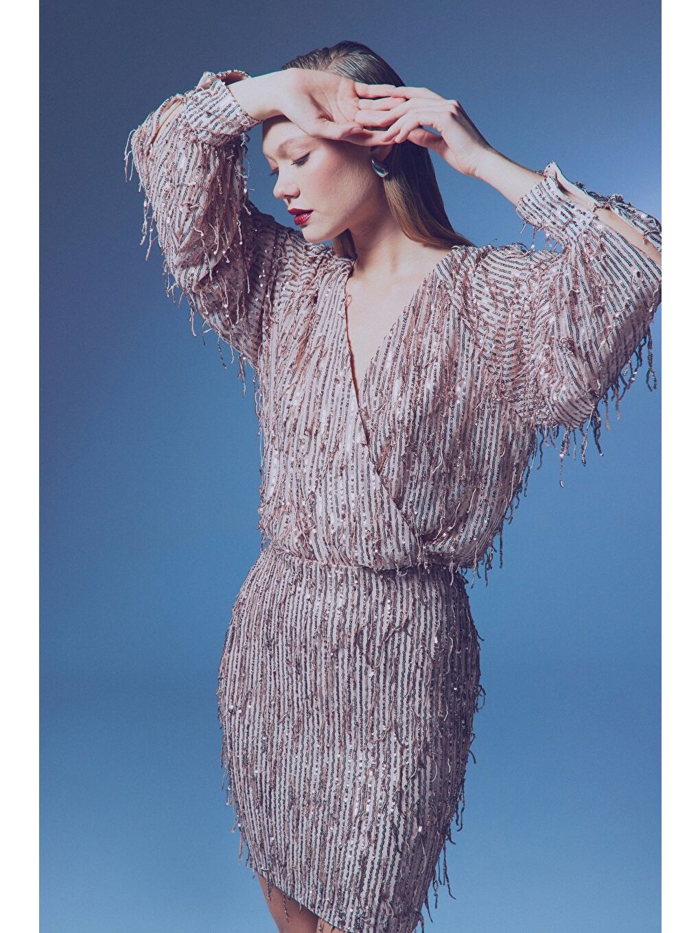 Turuncu Kruvaze Payetli Bodysuit Bluz - Bakır-4